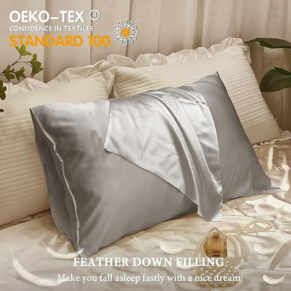 BHZ Grey Satin Goose Down Feather Pillows King Size with Satin Pillowcase for Hair and Skin, Cooling Pillow Cases Similar to Silk Pillow Cases, Decorative for Women, Mom Men
