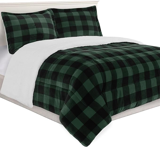 Elegant Comfort 3-Piece Buffalo Lodge-Plaid Comforter Set, Luxurious, Heavyweight, All Season, Down Alternative-Micromink Sherpa-Backing Reversible Micro-Suede, Soft and Plush, Full, Green