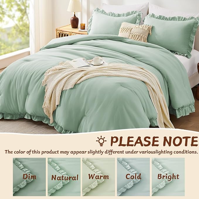 FUANNA Full Size Comforter Sets Sage Green, 3 Pieces Ruffle Full Size Bedding Sets, Fluffy Bed in a Bag Full for All Seasons, Shabby Chic Full Bed Set with 1 Lightweight Comforter & 2 Pillowshams