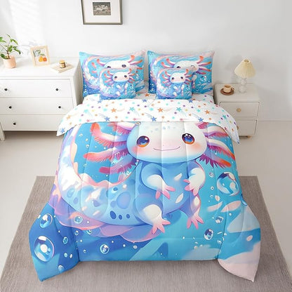 Feelyou Cartoon Salamander Twin Comforter Set with Sheets for Kids Boys Girls Cute Axolotl 7 Pieces Bedding Set Kawaii Ocean Sealife Bed in a Bag Gift for Girls Women Room Lightweight Microfiber