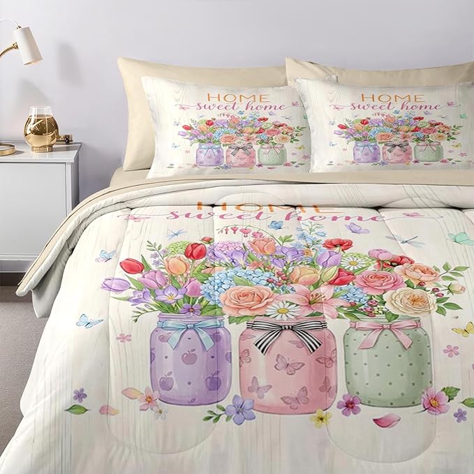 Nesker 7 Pcs Spring Comforter Set Queen Size, Floral Butterflies Bedding Set for Kids and Adults, Pastel Flower Bed Sheet Sets with Fitted Sheet 2 Pillowcases & 2 Shams