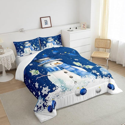 Cute Snowman Comforter Set Full Size,Merry Christmas Quilt Set 3Pcs Xmas Bells and Snowflake Bedding Set for Kids Boys Girls Teens Room Decor Cartoon Blue White Duvet Insert,2 Pillowcases