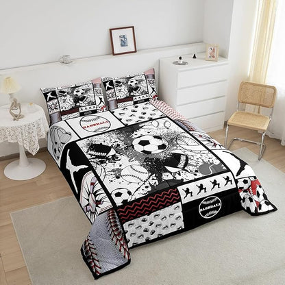 Feelyou Football Comforter Set Toddler Size Basketball Comforter for Boys Girls Teens Rugby Sports Bedding Set Baseball Duvet Set Room Decor Balck White Grey Mixed Ball Quilt Set