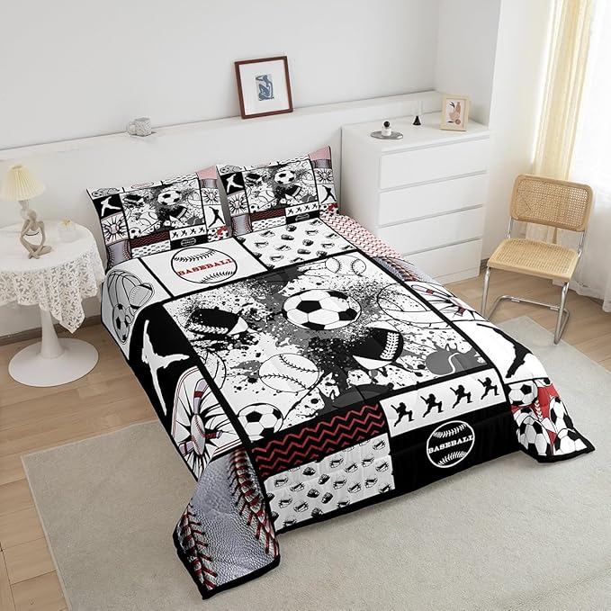 Feelyou Football Comforter Set Twin Size Basketball Comforter for Boys Girls Teens Rugby Sports Bedding Set Baseball Duvet Set Room Decor Balck White Grey Mixed Ball Quilt Set
