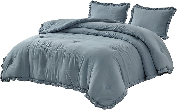 Chezmoi Collection Nora Dusty Blue Comforter Set Full Size 3-Piece Fluffy Soft Stone-Washed Ruffled Shabby Chic Bedding for All Season