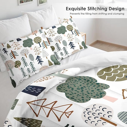 Comforter Set Full Size, Woodland Tree Wood 3 Pcs Soft Bedding Set for Kids and Adults, Plant Pine Green Comforter Set with 2 Pillowcases, for Bedroom Bed Decor