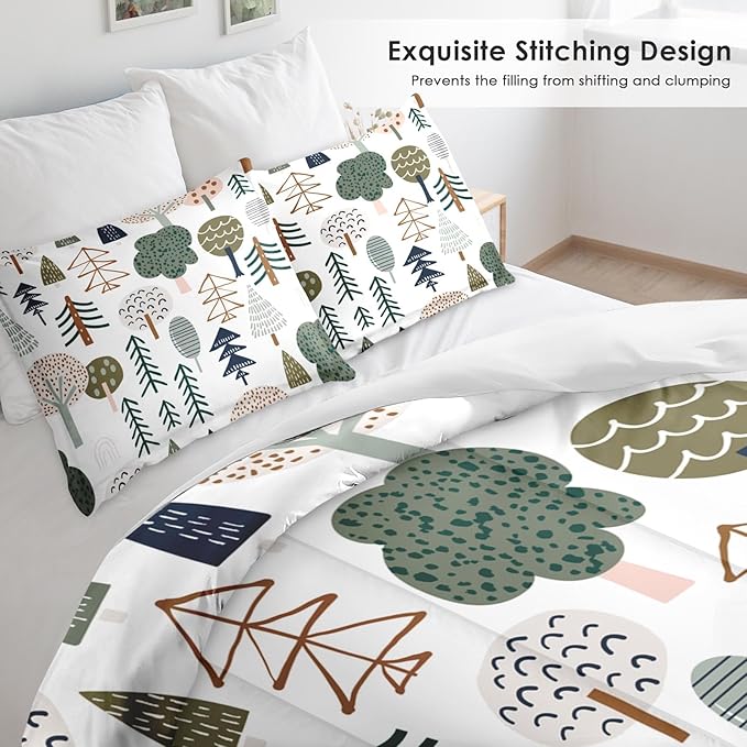 Comforter Set King Size, Woodland Tree Wood 3 Pcs Soft Bedding Set for Kids and Adults, Plant Pine Green Comforter Set with 2 Pillowcases, for Bedroom Bed Decor