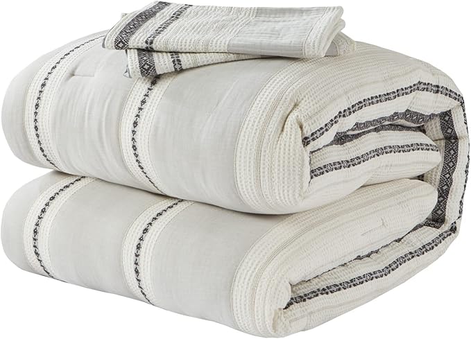 Hyde Lane Neutral Farmhouse Bedding Set, 3 Pieces Full/Queen Size Grey Comforter Sets, Cotton Top with Modern Rustic Style Stripes Including 1 Comforter 2 Pillowcases