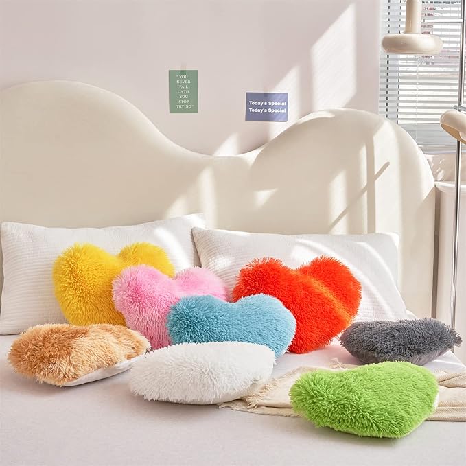 MOOWOO White Fluffy Heart Pillow, Faux Fur Throw Pillow,Sherpa Plush Fluffy, Cute Soft Throw Cushion, Valentines Day,Thanks Giving Days,Christmas Day Decorative for Home Bed Couch Heart Shape