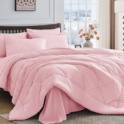 HEVUMYI Pink Twin Comforter Set - 5-Piece All Season Bed in a Bag Twin, Ultra Soft Bedding Set with Comforter, Flat Sheet, Fitted Sheet, Pillowcases, Pillow Shams, Pink