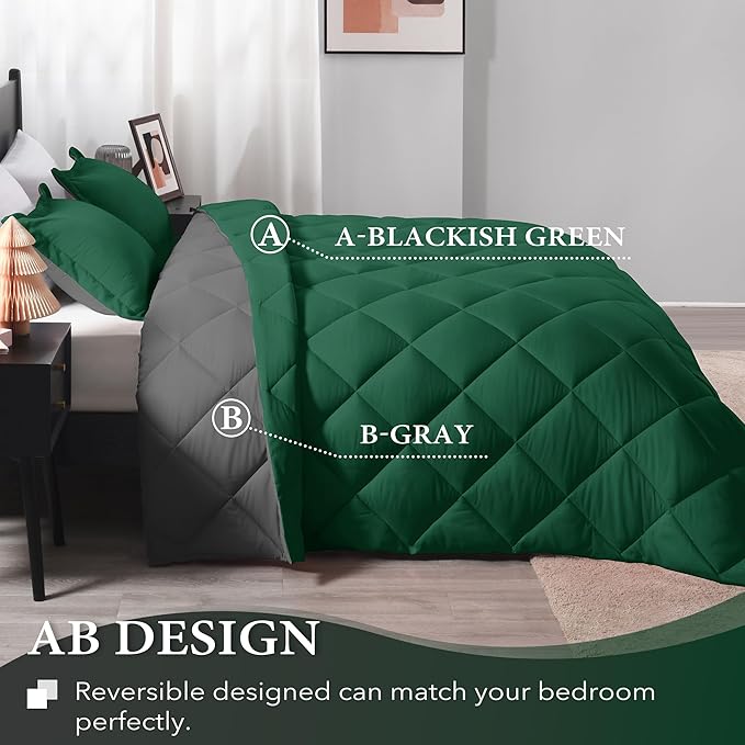 downluxe Queen Comforter Set - Dark Green and Grey Queen Comforter, Soft Bedding Sets for All Seasons -3 Pieces - 1 Comforter (88"x92") and 2 Pillow Shams(20"x26")