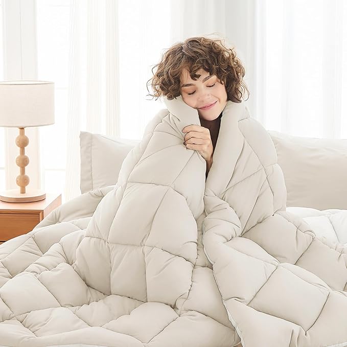 MUXHOMO 7 Pieces King Comforter Set, Reversible Bed in a Bag King Size, All Season Bedding Set with Comforter, Flat Sheet, Fitted Sheet, Pillowcases & Shams, Beige & White
