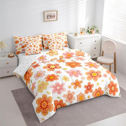 Erosebridal 70S Retro Flowers Bed in A Bag Full | Bohemia Cartoon Funky 7 Piece Comforter Set Vintage Autumn Floral Sheet Set Reversible Pastoral Style Fitted Sheet Breathable Lightweight