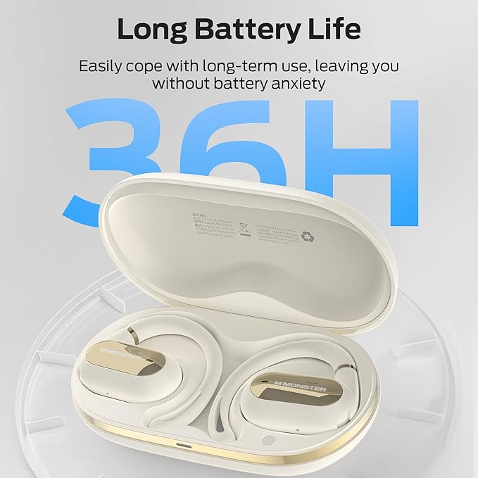 Monster Open Ear AC322 Wireless Earbuds, Bluetooth 5.4, 36H Playtime, IPX5 Waterproof, Open-Ear Design with Adjustable Ear Hooks, Secure Fit for Running & Workout, Clear Calls White