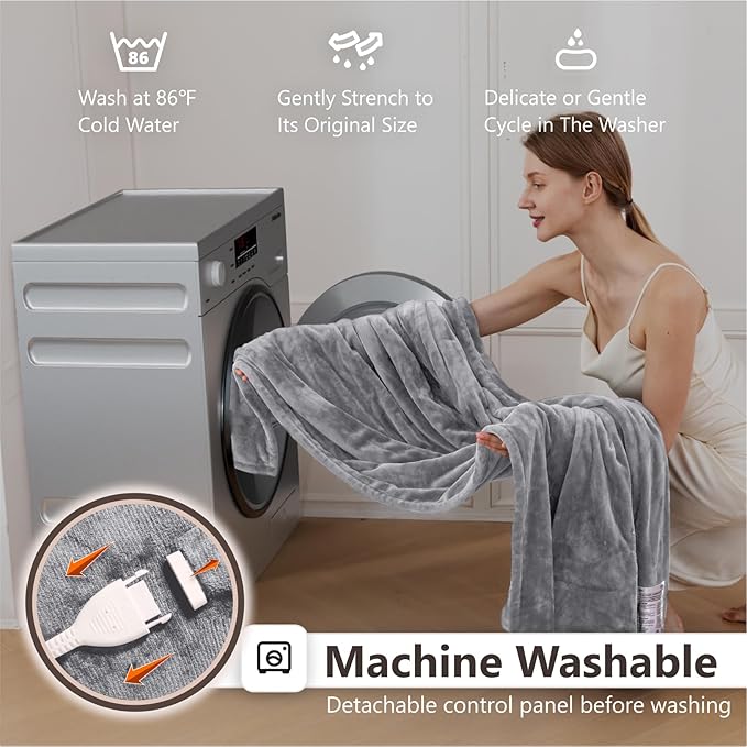 Wapaneus Heated Blanket Electric Blanket 62" x 84" Twin Size with 10 Heating Levels and 12 Hours time Settings, Flannel Fast-Heating Electric Blanket, ETL Listed, Machine Washable,Light Grey