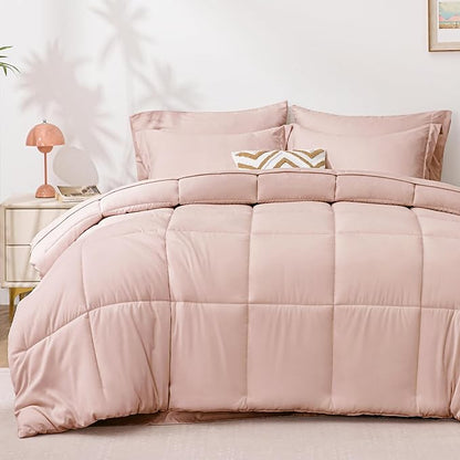 Love's cabin California King Comforter Set Blush Pink, 7 Pieces California King Bed in a Bag, All Season Bedding Sets with 1 Comforter, 1 Flat Sheet, 1 Fitted Sheet, 2 Pillowcase and 2 Pillow Sham