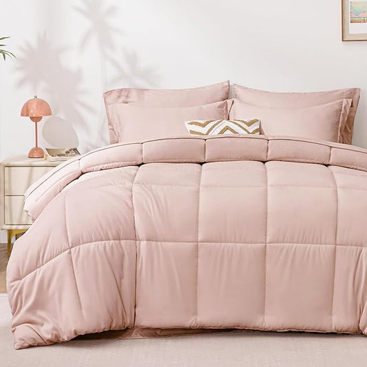 Love's cabin California King Comforter Set Blush Pink, 7 Pieces California King Bed in a Bag, All Season Bedding Sets with 1 Comforter, 1 Flat Sheet, 1 Fitted Sheet, 2 Pillowcase and 2 Pillow Sham