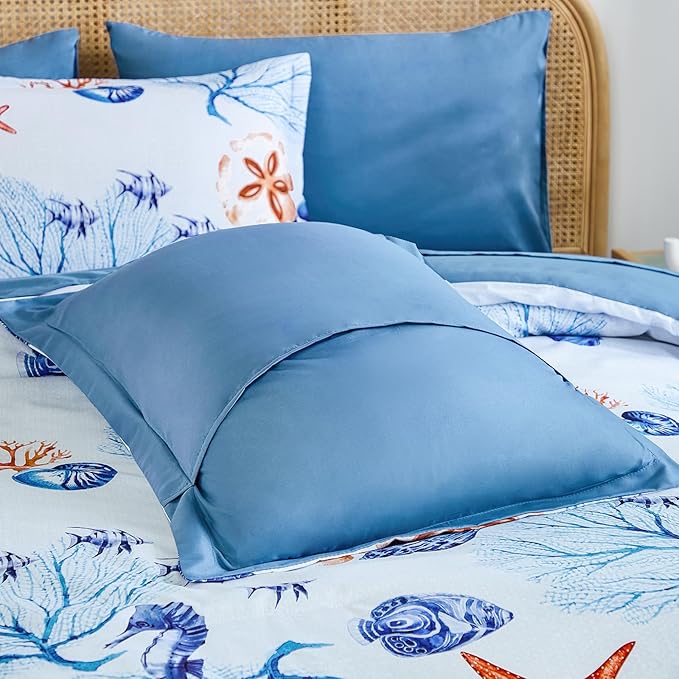 WONGS BEDDING Coastal Full Comforter Set, 7 Pieces Beach Themed Ocean Sand Dollor & Starfish Pattern Bed in a Bag, Summer Bed Comforter Bedding Set(78"×90")