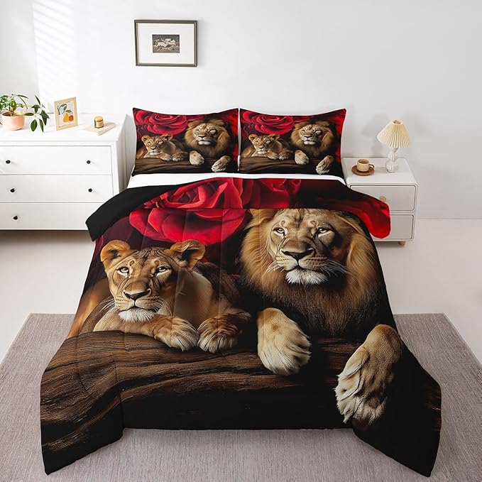 Erosebridal Rose Flower Room Decor Comforter Set, Animal Lion Print Bedding Set for Kids Teen Boys Girls Home Bedroom, Floral Comforter Sets, Modern Style Down Alternative Queen Size