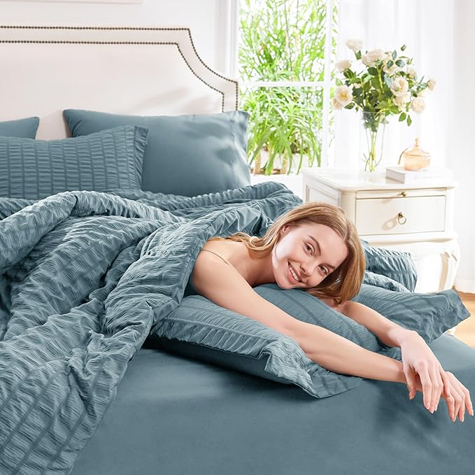 CozyLux Queen Comforter Set Mineral Blue Seersucker 7 Pieces Bed in a Bag Queen Comforter Set with Sheets, Luxury Bedding Set with Down Alternative Comforter, Sheets, Pillowcases & Shams All Seasons