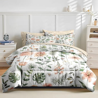 Nesker 7 Pcs Spring Comforter Set Queen Size, Green Floral Bedding Set for Kids and Adults, Fern Rose Tulip Bed Sheet Sets with Fitted Sheet 2 Pillowcases & 2 Shams