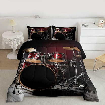 Erosebridal Drum Kit Comforter Set Full Size Rock Music Theme Duvet Set for Kids Boys Girls Teens Musical Instrument Bedding Set Red Black Drum Kit Hip Hop Quilt Set for Decor Gift