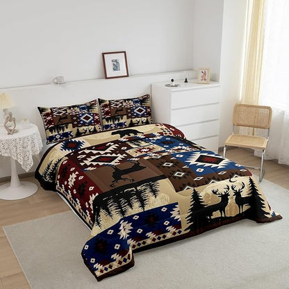 Feelyou Cute Deer Bear Comforter Set for Girls Boys Kids Toddler Size Southwestern Comforter Room Decorative Wild Animal Rustic Cabin Country Geometric Bedding Set Brown Plaid Duvet Set 2Pcs Quilt Set