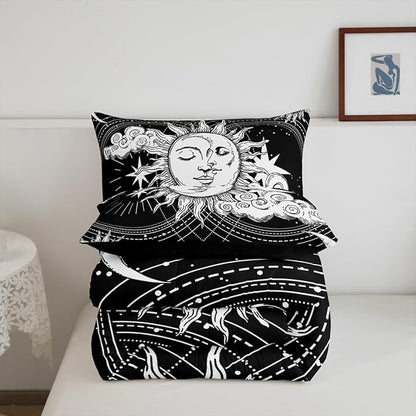 Erosebridal Black White Sun Moon Bedding Set Queen Size Hippie Comforter Set, Boho Exotic Home Decor Down Comforter Modern Kid Teen Boy Girls Bohemian Indian Duvet Insert for Bedroom