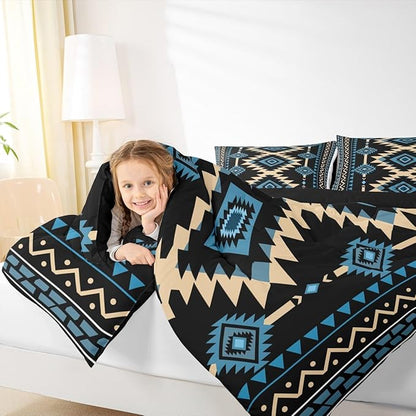 Feelyou Western Comforter Set Blue Black Southwestern Aztec King Size Bedding Set Country Tribal Native American Rustic Duvet Quilt