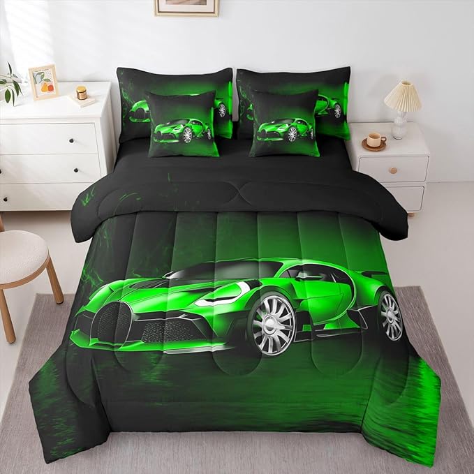 Feelyou Sports Car 7 Piece Bedding Set Green Race Car Comforter Set with Sheets for Kids Boys Girls Extreme Sports Theme Bed in a Bag Cool Speed Luxury Car Decor Bed Set with 2 Pillowcases Full