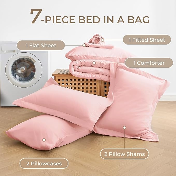 Sasttie Queen Comforter Set, Pink 7 Pieces Bed in a Bag Queen, Complete Bedding Set Includes Comforter, Flat Sheet, Fitted Sheet, Pillowcases and Pillow Shams, Pink
