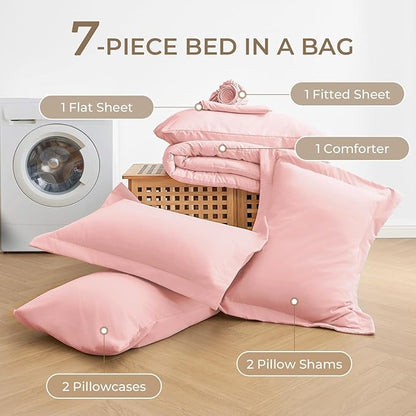 Sasttie Queen Comforter Set, Pink 7 Pieces Bed in a Bag Queen, Complete Bedding Set Includes Comforter, Flat Sheet, Fitted Sheet, Pillowcases and Pillow Shams, Pink