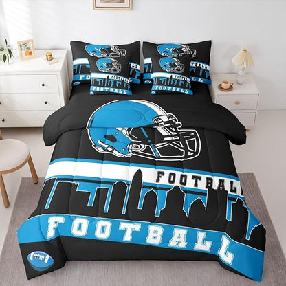Erosebridal Football 7 Pcs Comforter Set King Football City Bedding for Teens Black Football Fans Sheet Set Bed in A Bag Rugby Game Bedroom Decor Sports Ball Competition Bed Set