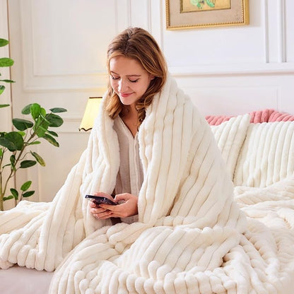 Lotus Karen Faux Fur Queen Comforter Set 3 Pieces – Soft Fluffy White Comforter Full Size, Vertical Striped Faux Rabbit Fur Fuzzy Warm Bedding Set（1 Comforter and 2 Pillowcases）