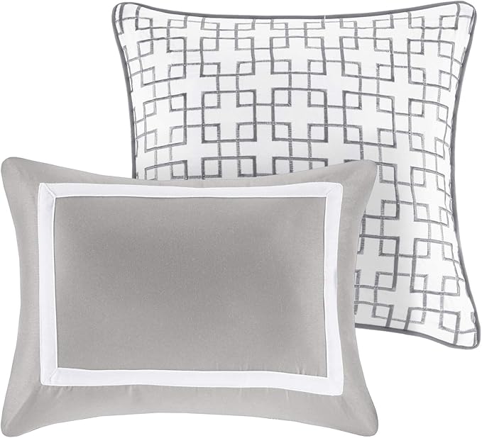 Madison Park Heritage Comforter Quilt Combo Set - Modern Luxury Design, All Season Down Alternative Bedding, Matching Shams, Decorative Pillows, King/Cal King(104"x92"), Color Block Grey 8 Piece