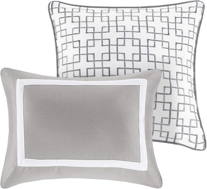 Madison Park Heritage Comforter Quilt Combo Set - Modern Luxury Design, All Season Down Alternative Bedding, Matching Shams, Decorative Pillows, King/Cal King(104"x92"), Color Block Grey 8 Piece