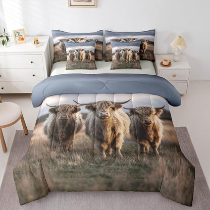 Erosebridal Highland Cow Print Comforter Sets with Sheets, Farm Animal Bedding Set Full for Boys Girls Country Style 7Pcs Bed in A Bag Rustic Farmhouse Bed Set
