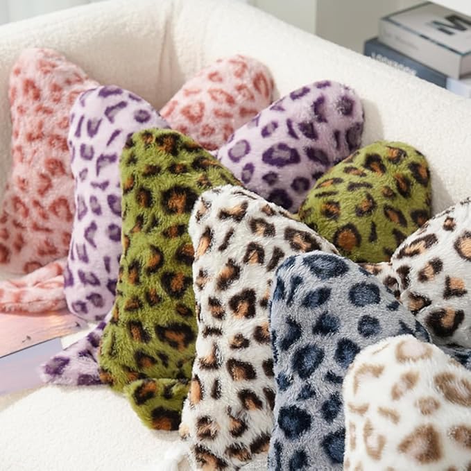 Leopard Print Throw Pillow Furry Bow Plush Pillows Cute Flower Plush Pillow Cheetah Home Decor Stuffed Bow Lumbar Pillow for Bed Couch Living Room Decor (Purple, 16in)