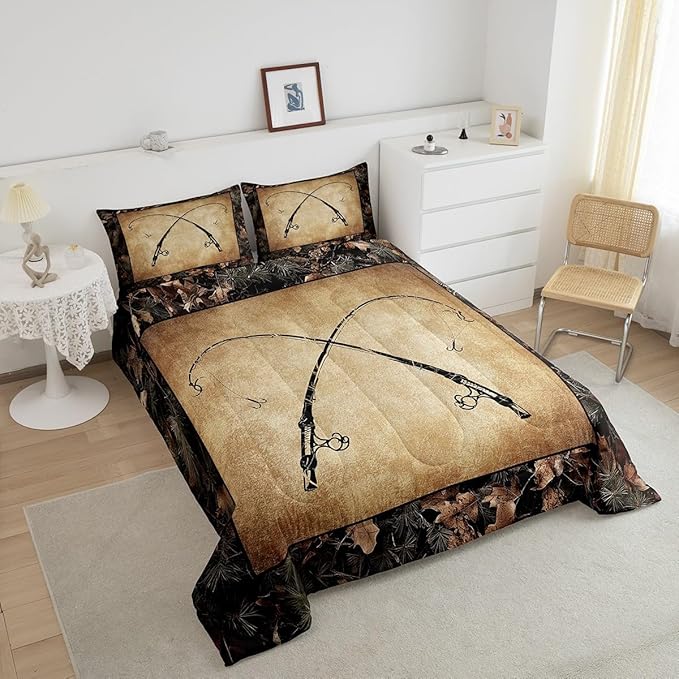 Erosebridal Rustic Fishing Twin Comforter Set Gifts for Kids Boys Men Women,Retro Camo Fishing Rod Bedding Set Country Farmhouse Lake Cabin Quilt Bedding Sets Tree Branch Camouflage Bed Set 2 Pcs