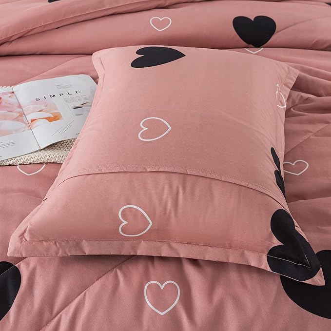 Caressma Queen Comforter Set Cameo Brown, Pink Cute Love Heart Sexy Comforter Bedding Set for All Seasons, Geometric Soft Microfiber 3 Pieces Comforter Set with Pillowshams