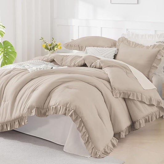 Andency Khaki Queen Comforter Set, 3 Pieces Farmhouse Shabby Chic Bedding Set for Queen Bed, All Season Soft Lightweight Microfiber Bed Set for Men Women