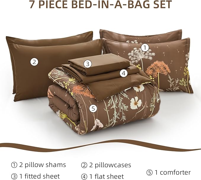 Yiran Brown Comforter Set King Size, 7 Piece Floral Dandelion Comforter Bedding Set, Botanical Bed in a Bag King, Soft Microfiber Complete Bedding Set with Sheets for All Season