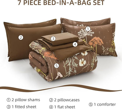 Yiran Brown Comforter Set King Size, 7 Piece Floral Dandelion Comforter Bedding Set, Botanical Bed in a Bag King, Soft Microfiber Complete Bedding Set with Sheets for All Season