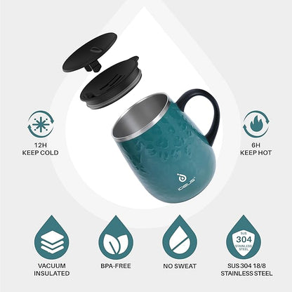 Ideus 16 oz (470 ml) Insulated Coffee Mug with Handle and Lid, Double Wall Stainless Steel Vacuum Thermal Coffee Mug, Travel Coffee Cup Thermal Cup for Home and Office, Leopard Green