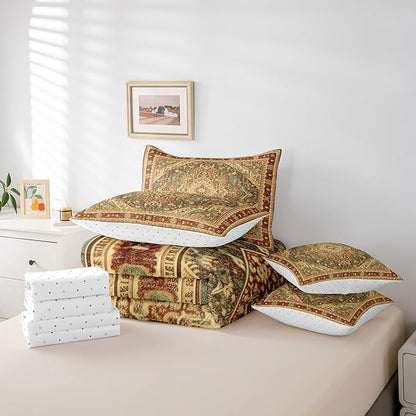Vintage Bed in a Bag 7pcs Terracotta Art Deco Bedding Set, Retro Bohemian Twin Size Comforter Set Oriental Medallion Bedding Comforter Sets, Tribal Paisley Bed Set Women Girls Aesthetic Room Decor