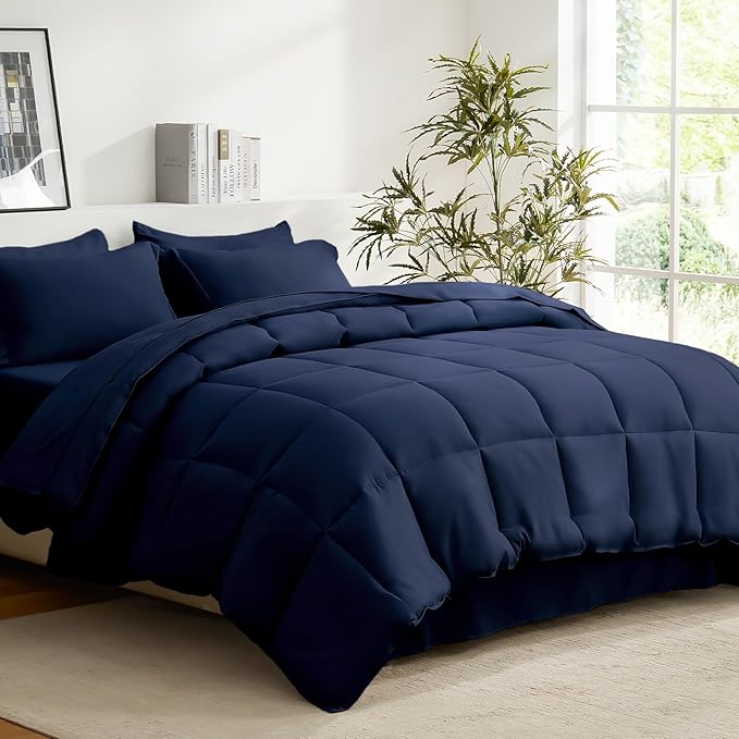 COZYART King Comforter Set 7 Pcs, Navy Blue Bed in a Bag, All Season Lightweight Soft Reversible Bedding Set, 1 Comforter, 1 Flat Sheet, 1 Fitted Sheet, 2 Pillow Shams, 2 Pillowcases