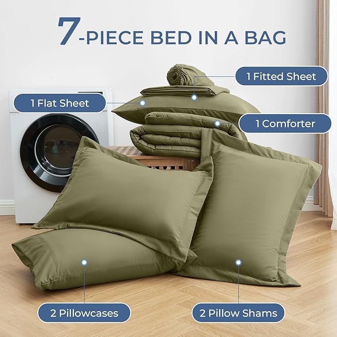 Sasttie California King Comforter Set, 7 Pieces Cal King Bed in a Bag, Complete Bedding Set Includes Comforter, Flat Sheet, Fitted Sheet, Pillowcases and Pillow Shams, Olive