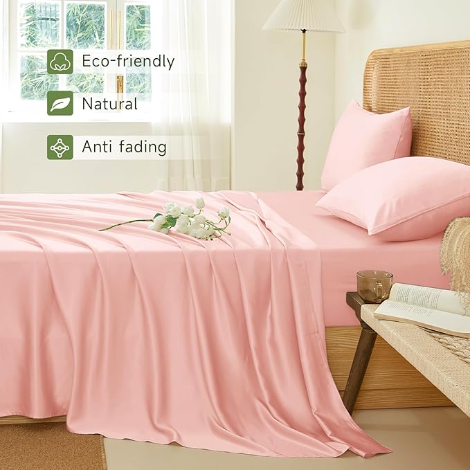 THXSILK Luxury Mulberry Silk Bed Sheets Set - 5pcs Silk Sheets Set 16" Deep Pocket - 2 Fitted Sheets, 1 Flat Sheet, 2 Pillowcases with Zipper Closure - Split King, Charming Pink