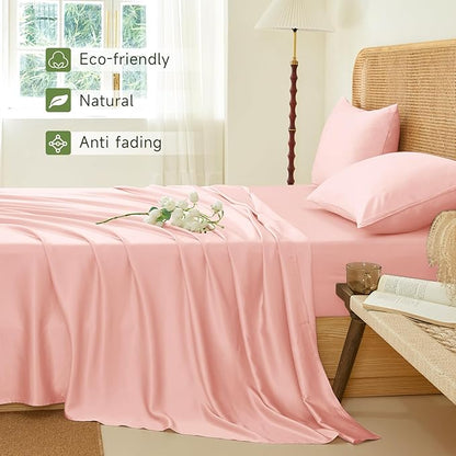 THXSILK Luxury Mulberry Silk Bed Sheets Set - 5pcs Silk Sheets Set 16" Deep Pocket - 2 Fitted Sheets, 1 Flat Sheet, 2 Pillowcases with Zipper Closure - Split King, Charming Pink