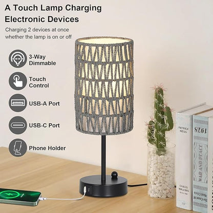 Gray Bedside Lamps Set of 2, Touch Control Night Stand Lamp for Bedroom with Rattan & Linen Shade & Bulbs, 3 Way Dimmable Small Boho Table Lamps with USB Charging Port & Phone Stand